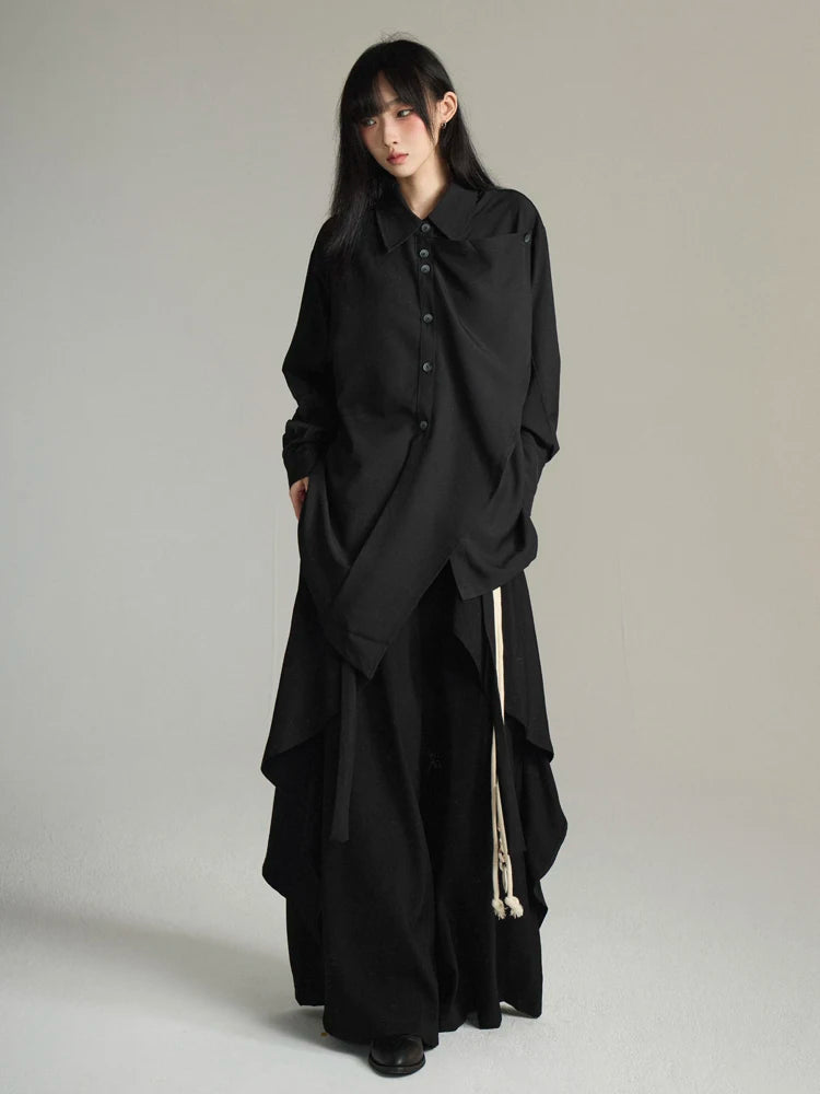 Camisa Feminina Cinza, Estilo Lenço Irregular, Gola Lapela,