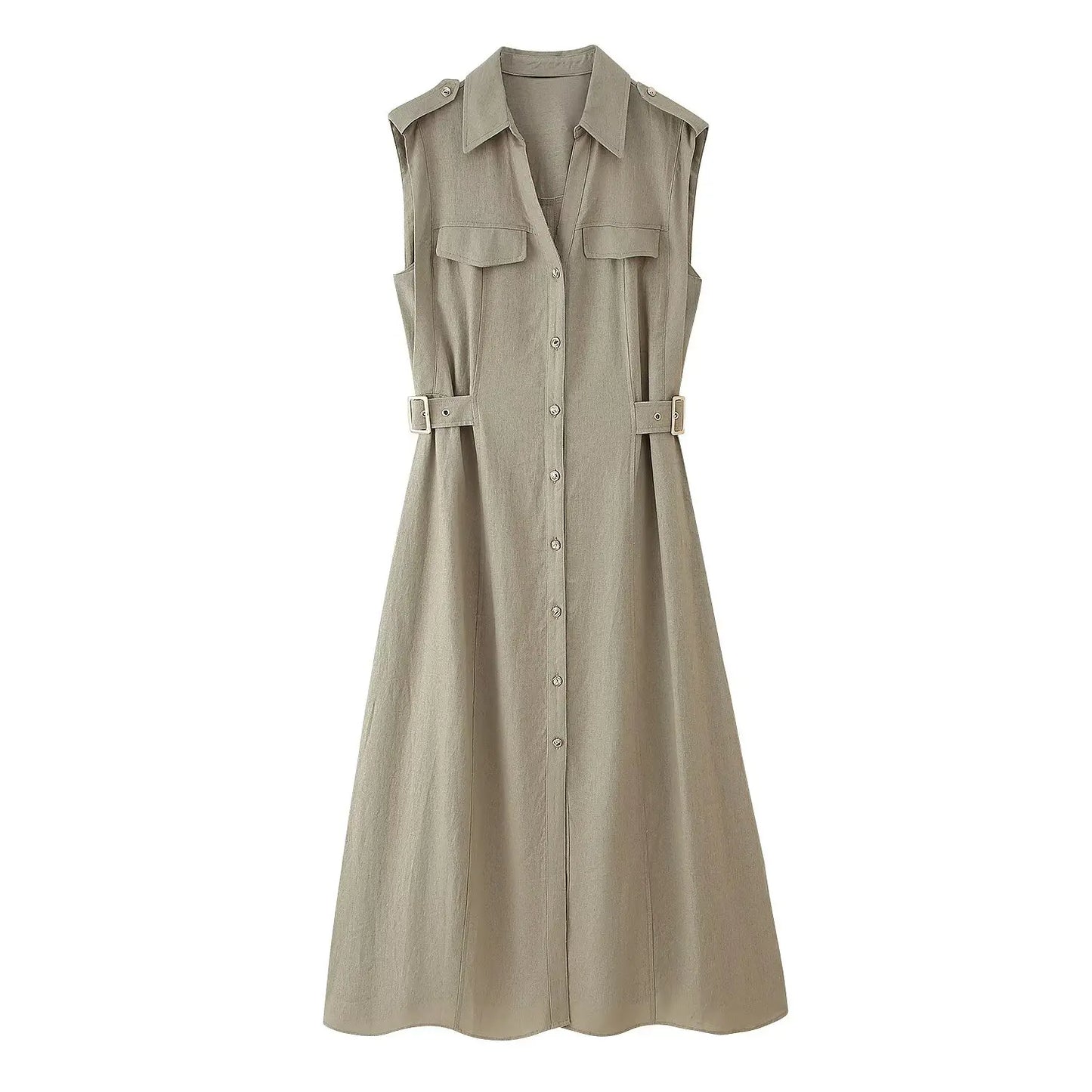 Vestido de linho confortável, decote em V, sem mangas, comprimento midi – verão 2025, vestido feminino casual para o dia a dia/trabalho.