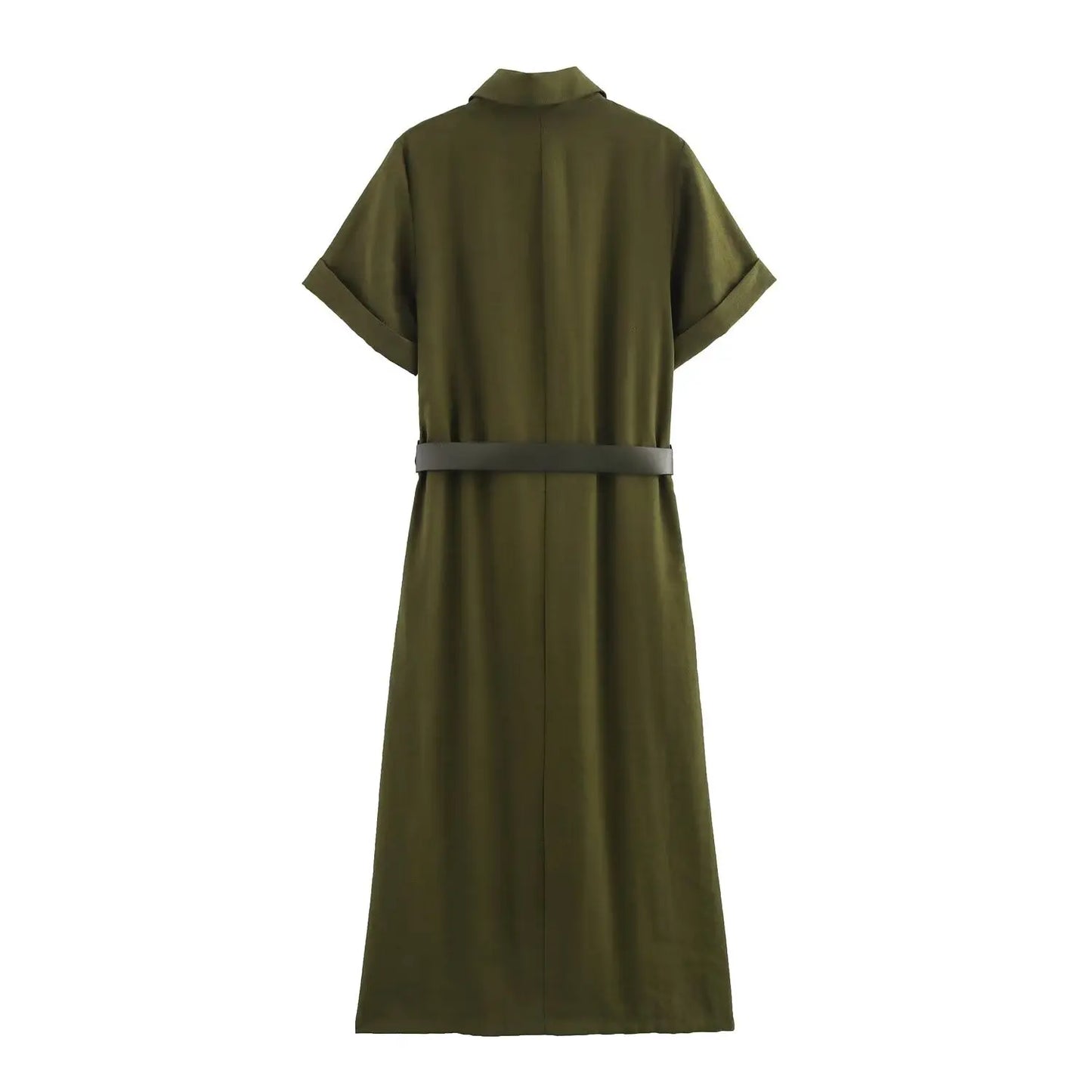 Vestido feminino verão de cor lisa, simples, com cinto, manga curta e lapela