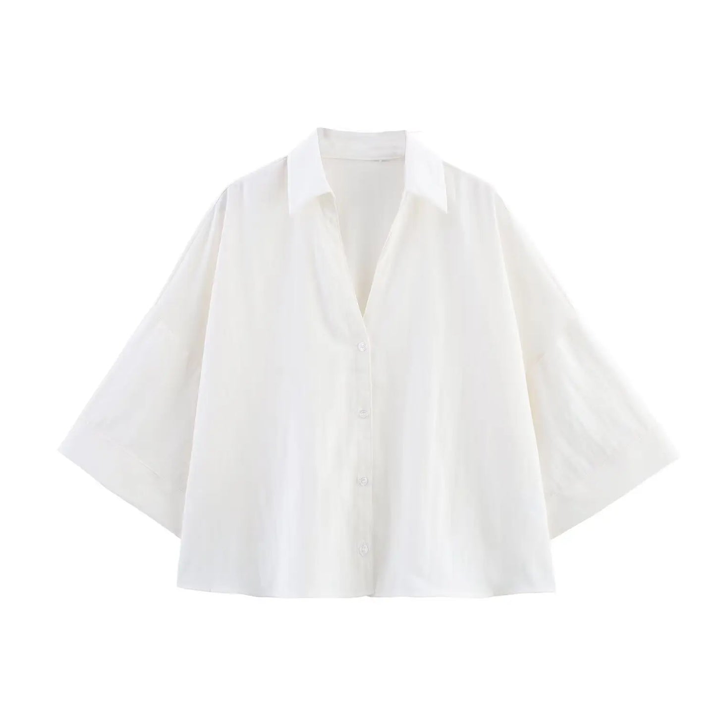 Camisa feminina BSK&TRAF Verão 2025, com lapela, mangas curtas amplas e modelagem solta, estilo casual e elegante.