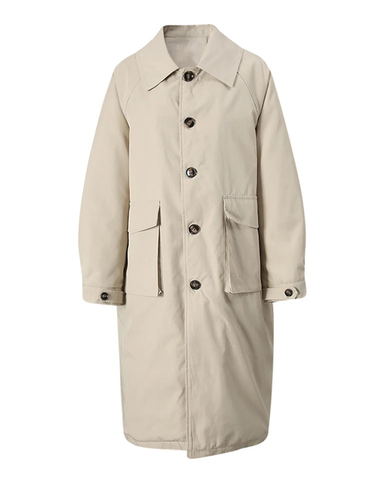 Trench coat feminino caqui, acolchoado em algodão, tamanho amplo e grosso, com lapela e mangas longas, tipo sobretudo corta-vento fashion para o outono/inverno 2025