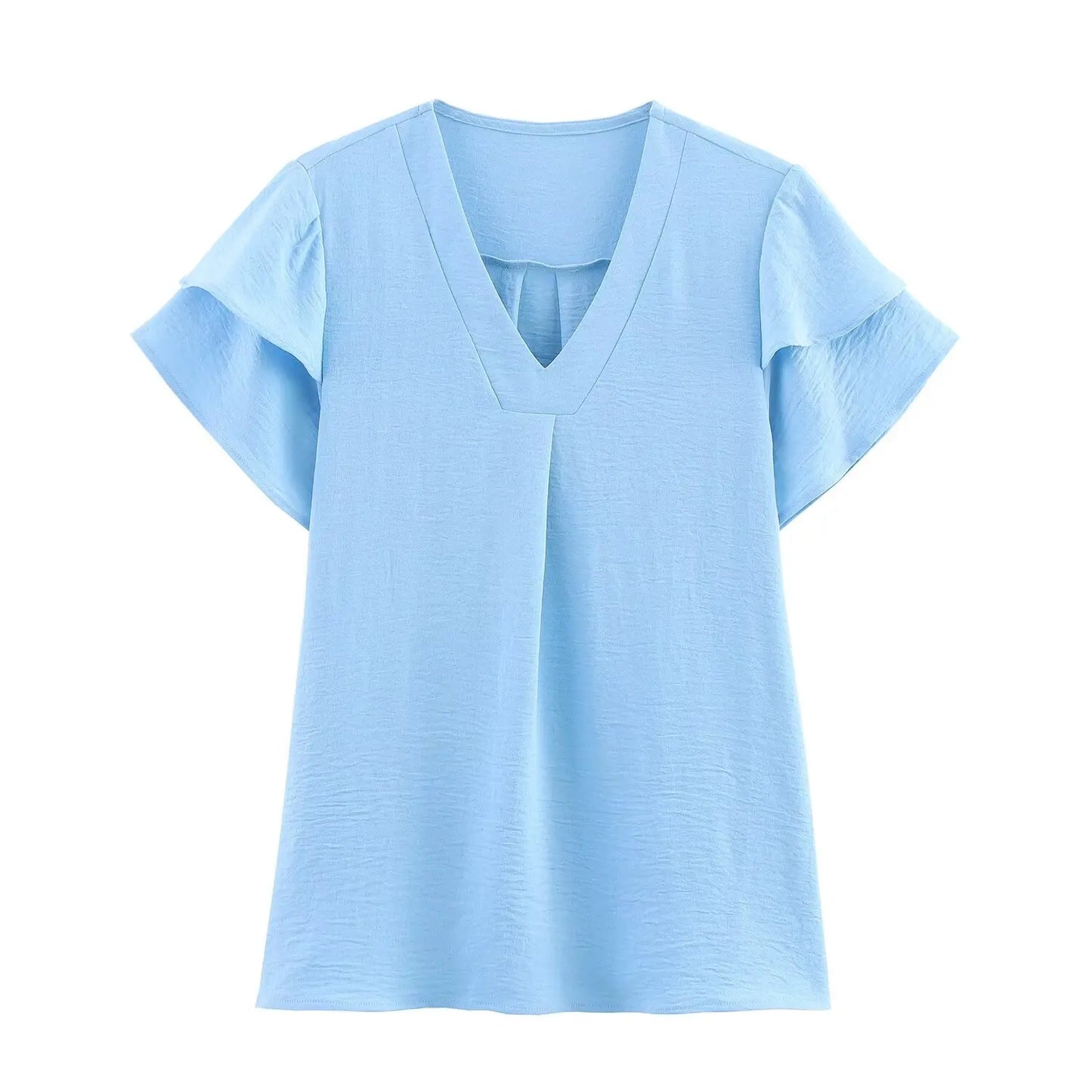 Blusa feminina verão 2025, cor lisa, estilo “commuter” (para o dia a dia), decote em V, de chiffon, com babados, manga curta, peça versátil que combina com tudo.