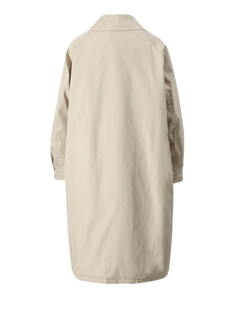 Trench coat feminino caqui, acolchoado em algodão, tamanho amplo e grosso, com lapela e mangas longas, tipo sobretudo corta-vento fashion para o outono/inverno 2025