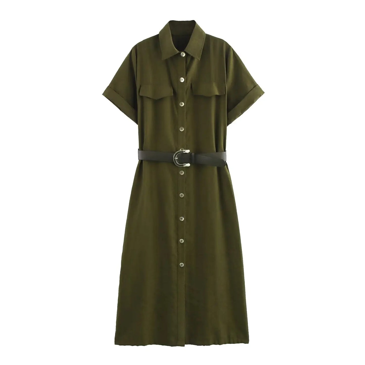 Vestido feminino verão de cor lisa, simples, com cinto, manga curta e lapela