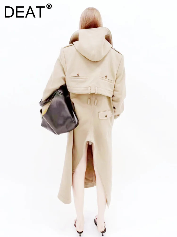 Casaco feminino em fleece apricot, com lapela e capuz,