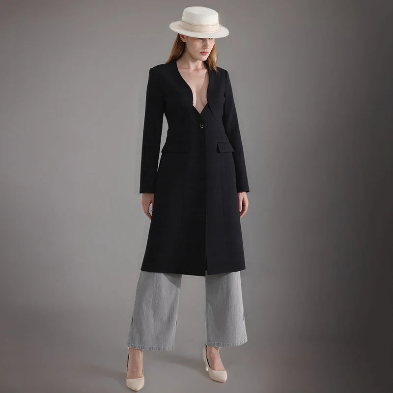 Blazer feminino longo, estilo luxo, com decote em V