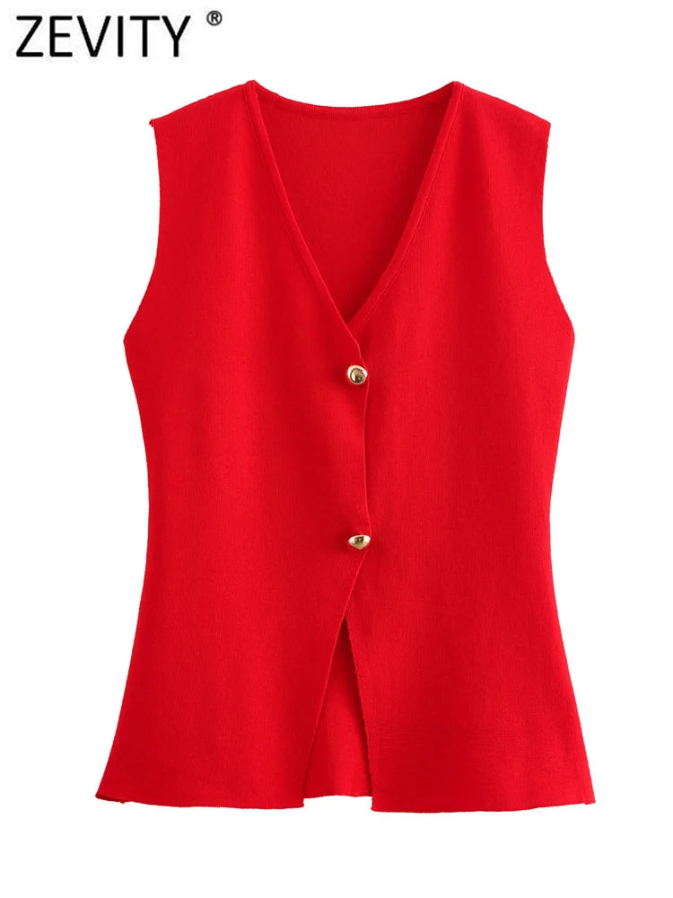 Zevity – novo colete/suéter feminino fashion em malha, com decotes em V, sem mangas, botões dourados, cor lisa, modelo justo e elegante.