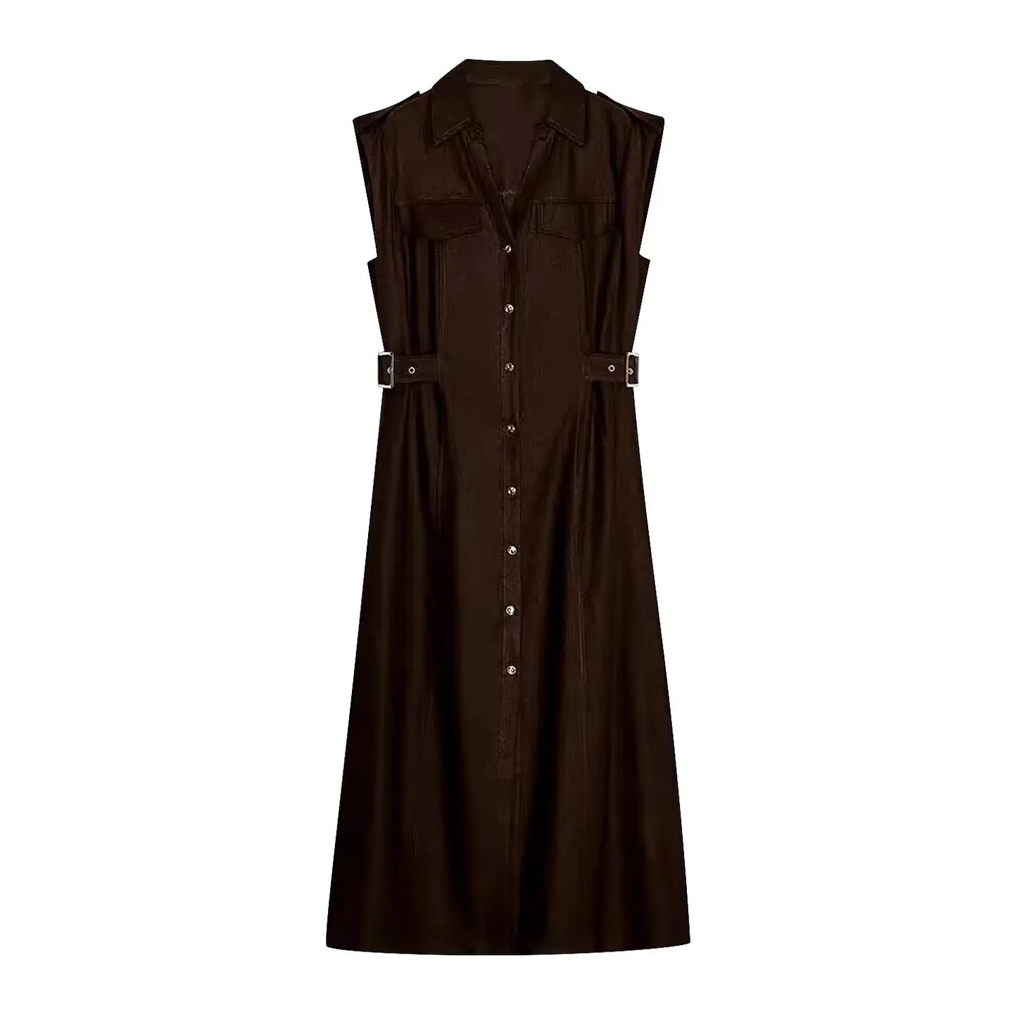 Vestido de linho confortável, decote em V, sem mangas, comprimento midi – verão 2025, vestido feminino casual para o dia a dia/trabalho.