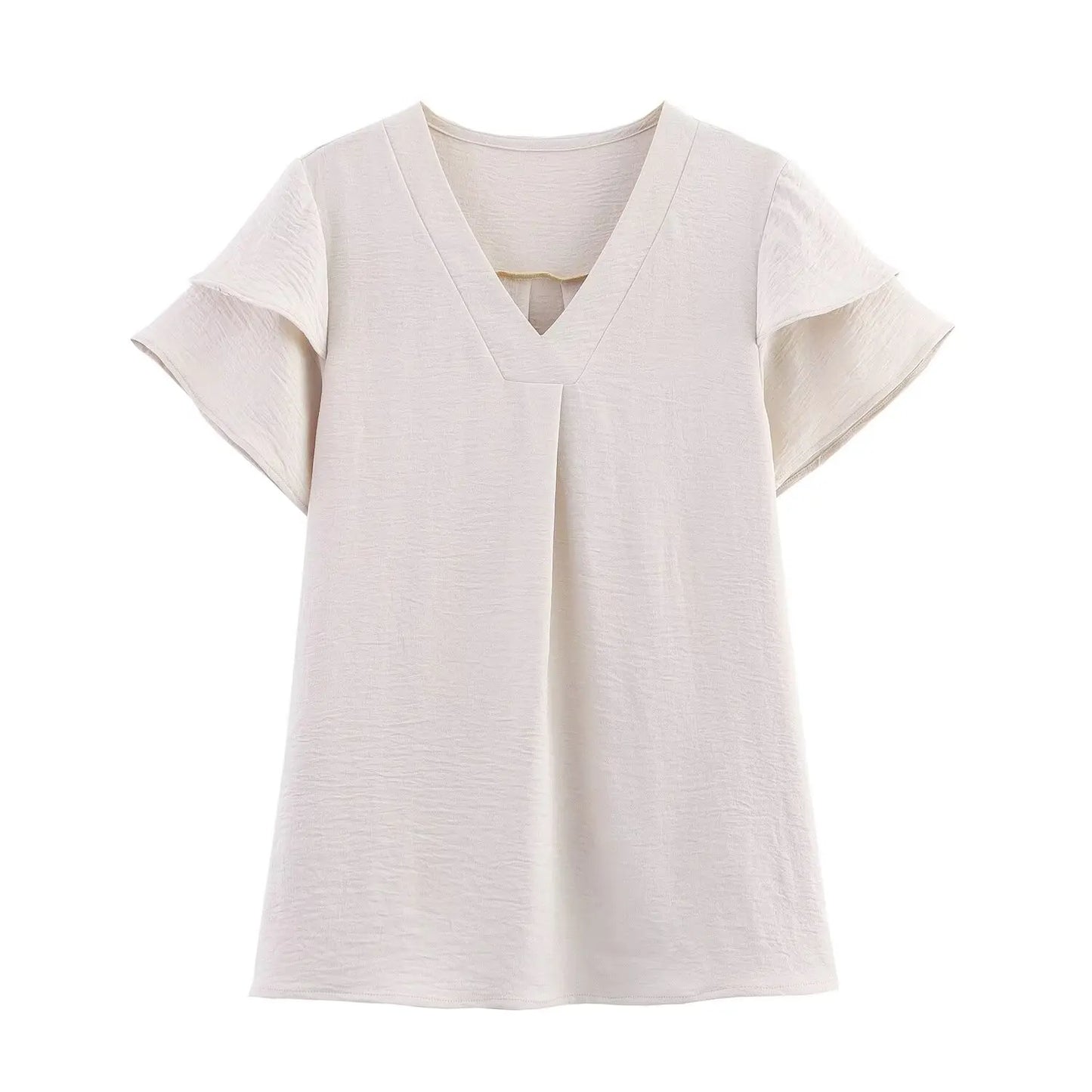 Blusa feminina verão 2025, cor lisa, estilo “commuter” (para o dia a dia), decote em V, de chiffon, com babados, manga curta, peça versátil que combina com tudo.