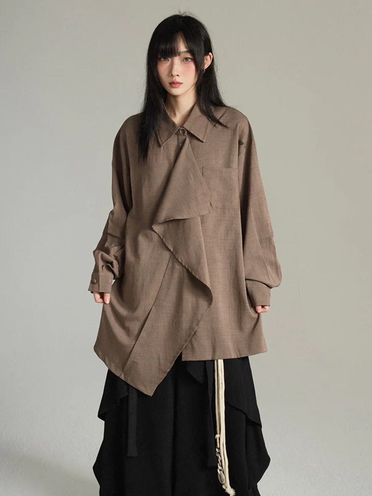 Camisa Feminina Cinza, Estilo Lenço Irregular, Gola Lapela,