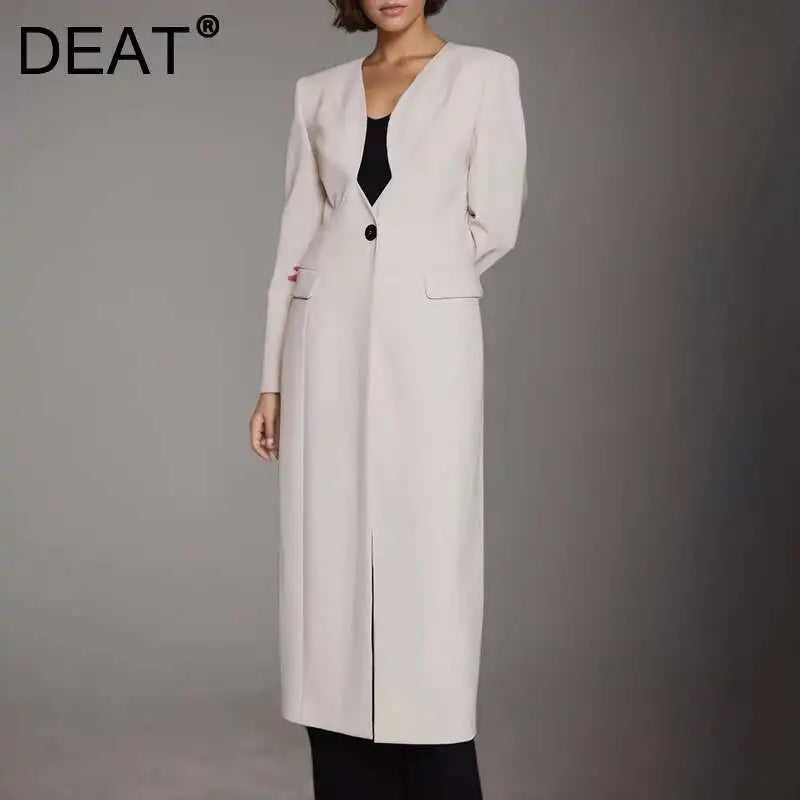 Blazer feminino longo, estilo luxo, com decote em V