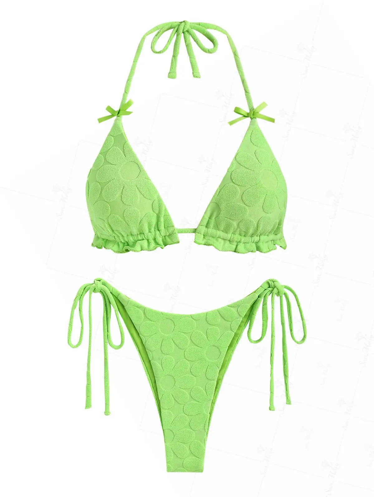 Biquíni sexy de renda modelo triângulo para mulheres, estampa floral, parte de baixo estilo tanga com tiras, conjunto de duas peças, moda praia feminina.