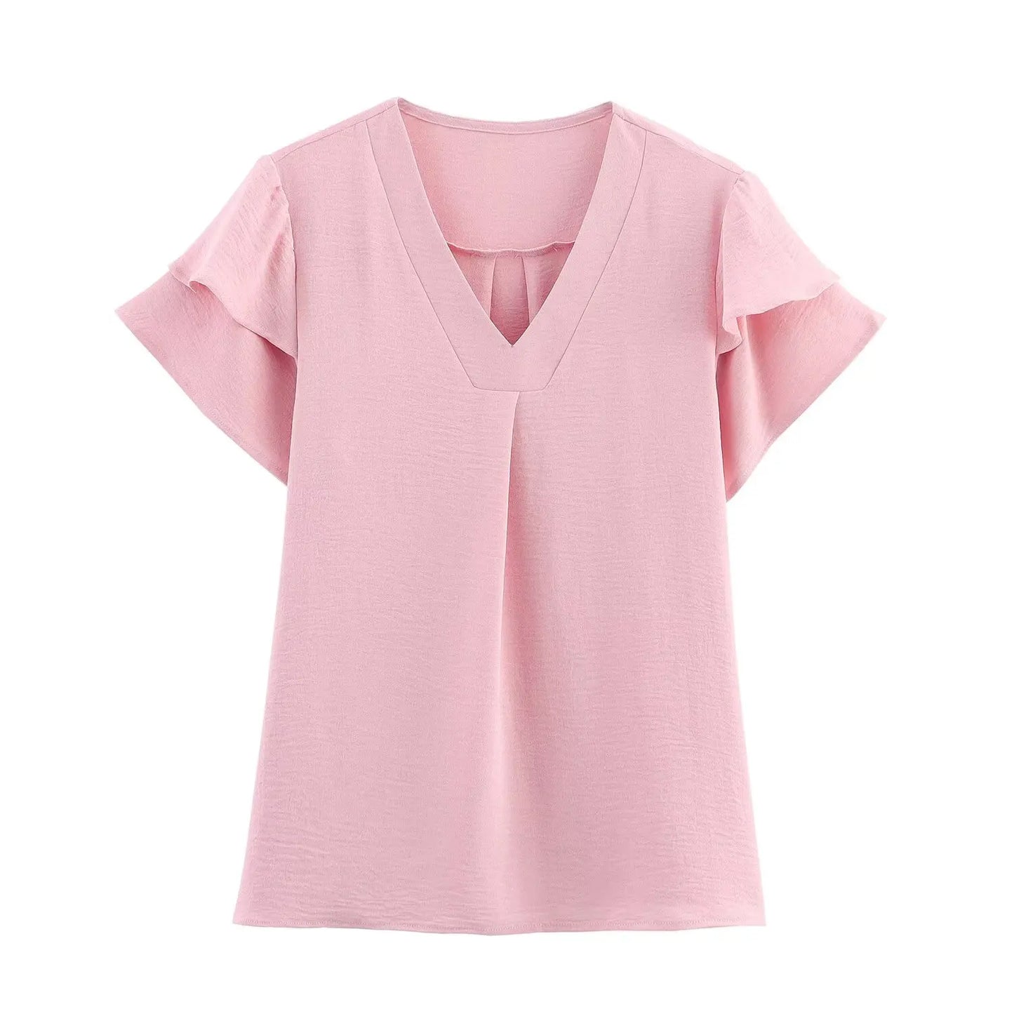 Blusa feminina verão 2025, cor lisa, estilo “commuter” (para o dia a dia), decote em V, de chiffon, com babados, manga curta, peça versátil que combina com tudo.