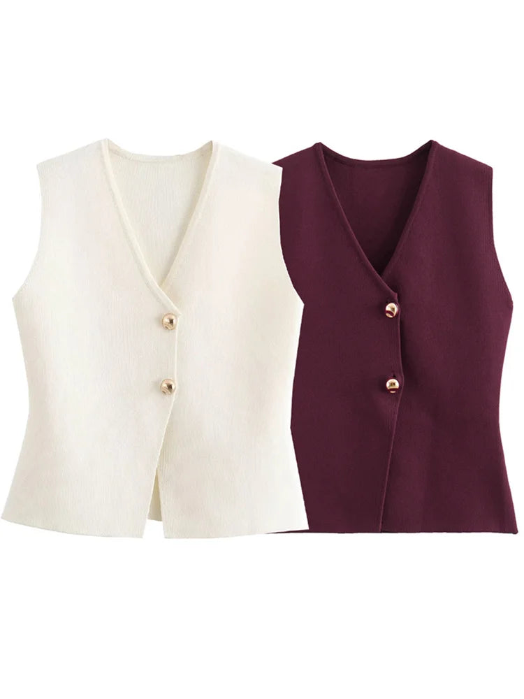 Zevity – novo colete/suéter feminino fashion em malha, com decotes em V, sem mangas, botões dourados, cor lisa, modelo justo e elegante.