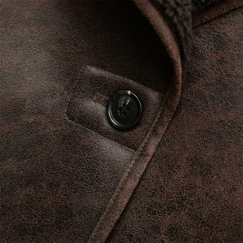 Jaqueta feminina grossa 2025, estilo vintage, em couro, com lapela, abotoamento simples, bolsos e estilo street, jaqueta quente.