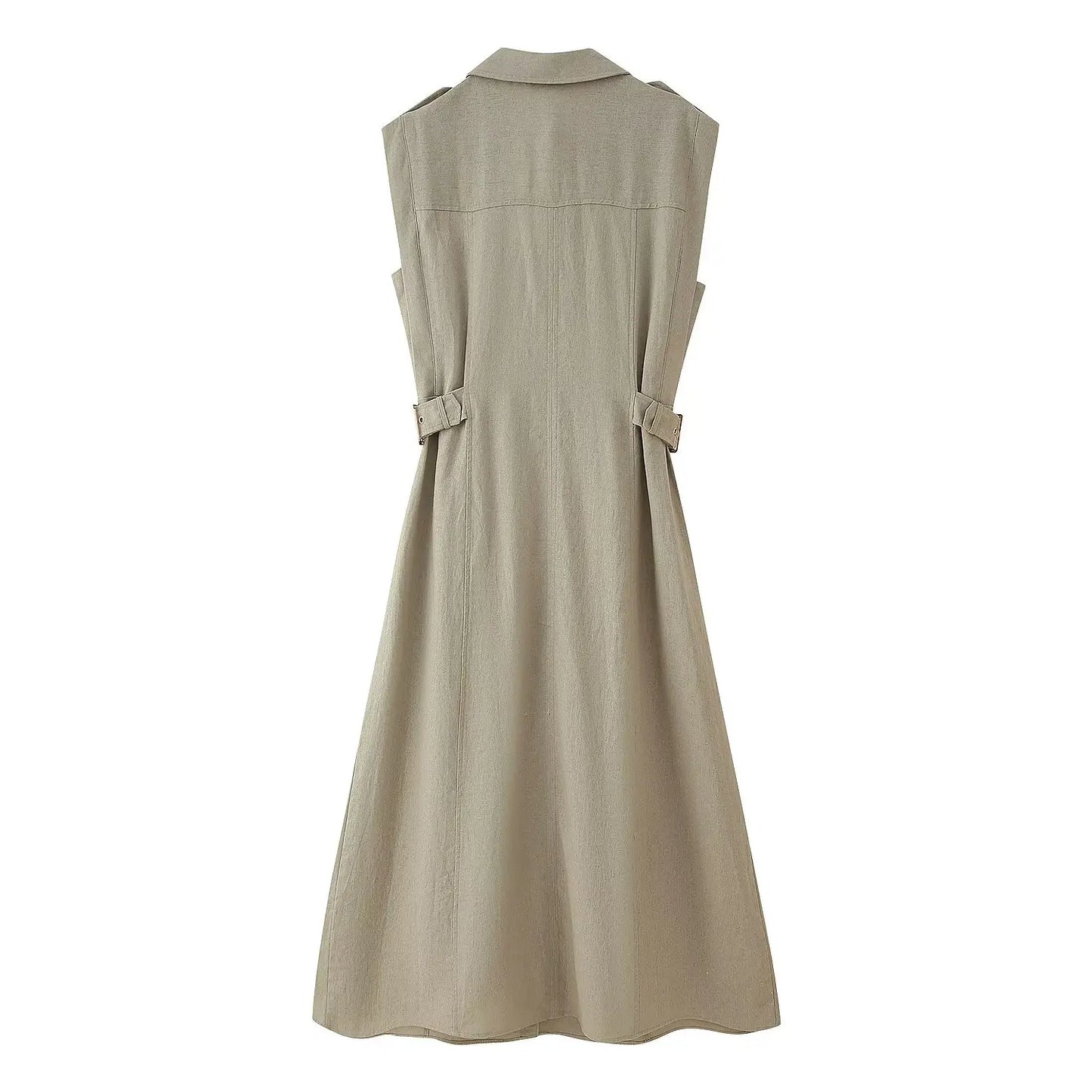 Vestido de linho confortável, decote em V, sem mangas, comprimento midi – verão 2025, vestido feminino casual para o dia a dia/trabalho.