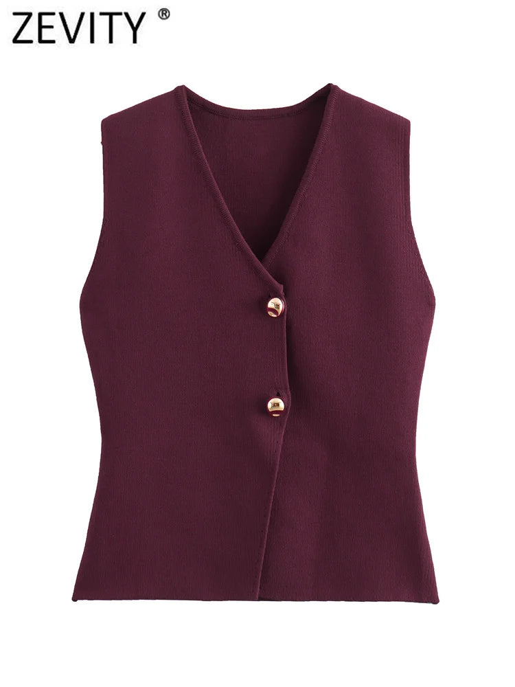 Zevity – novo colete/suéter feminino fashion em malha, com decotes em V, sem mangas, botões dourados, cor lisa, modelo justo e elegante.