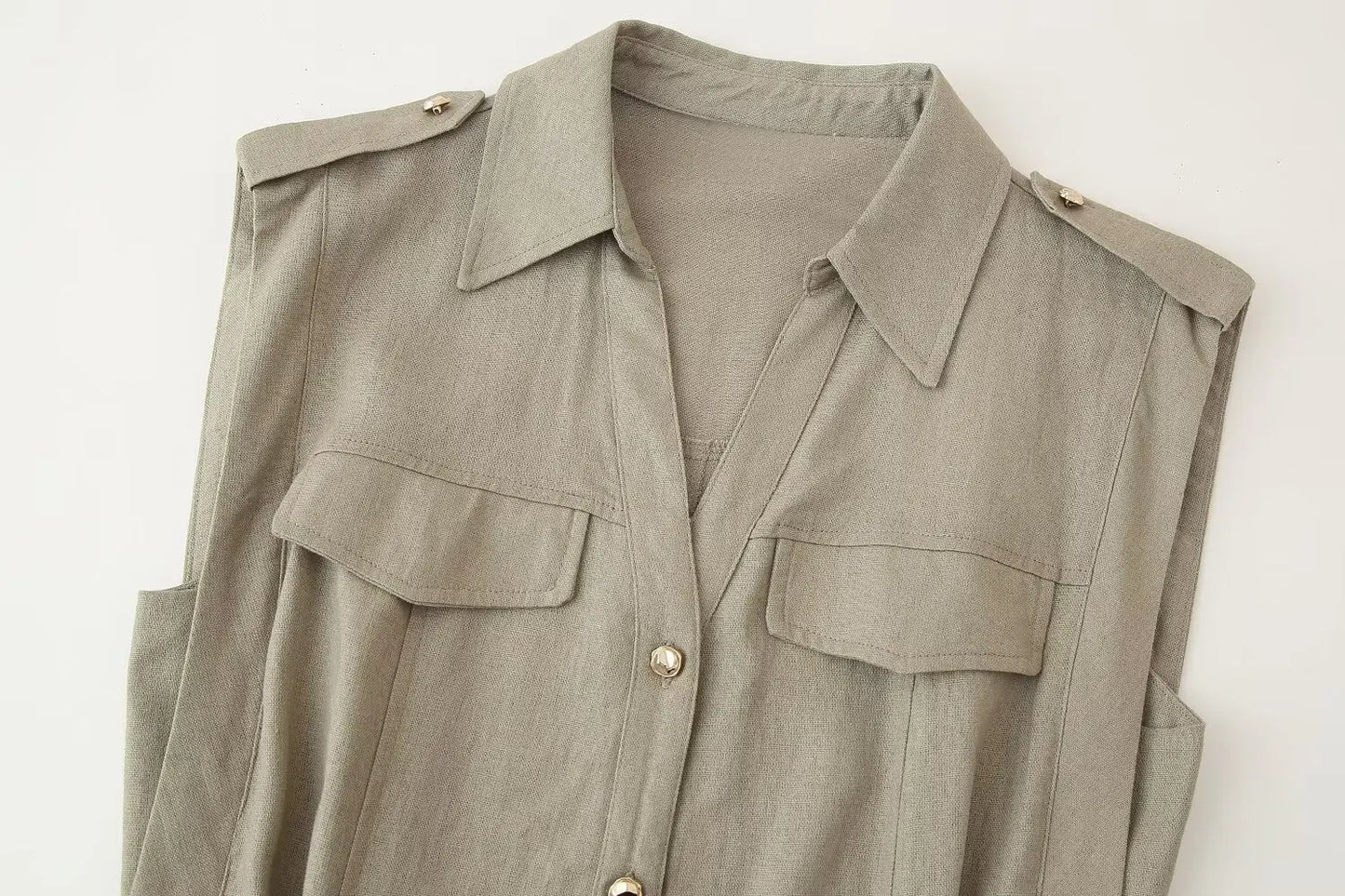 Vestido de linho confortável, decote em V, sem mangas, comprimento midi – verão 2025, vestido feminino casual para o dia a dia/trabalho.