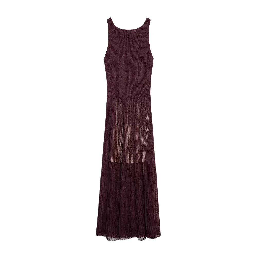 Vestido longo feminino canelado, sem mangas, com gola redonda, elegante – lançamentos de verão 2025