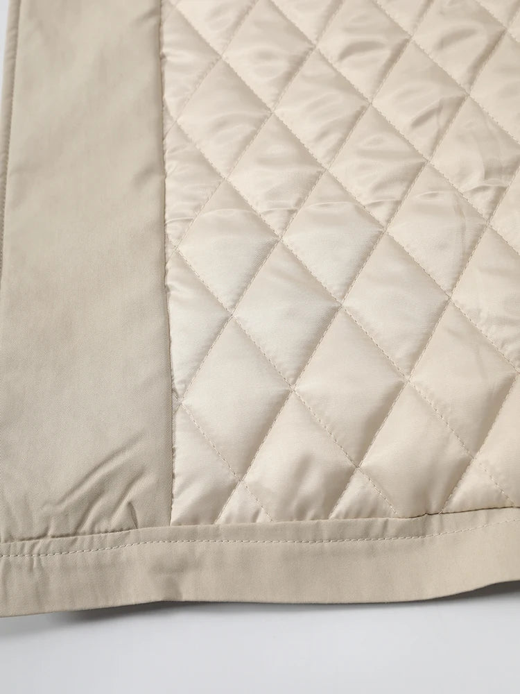 Trench coat feminino caqui, acolchoado em algodão, tamanho amplo e grosso, com lapela e mangas longas, tipo sobretudo corta-vento fashion para o outono/inverno 2025
