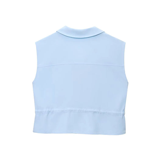 Conjunto Top feminino sem mangas estilo safari, com lapela e caimento confortável + calça casual de perna larga e cintura alta.