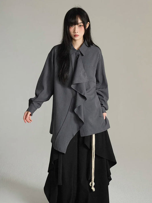 Camisa Feminina Cinza, Estilo Lenço Irregular, Gola Lapela,