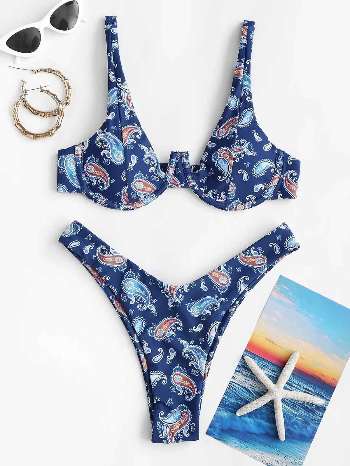 ZAFUL – Biquíni com estampa paisley, cava alta (corte alto) e aro único (monofio).