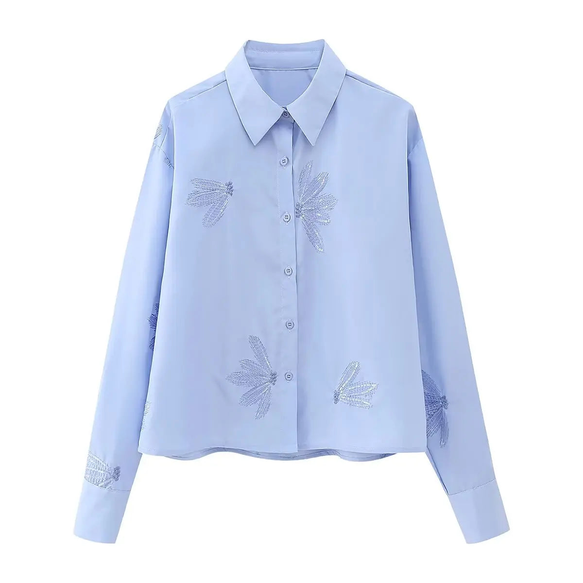 Blusa feminina fashion com bordado de flores em paetê, modelo curto estilo smock, manga longa, camisa cropped elegante para escritório