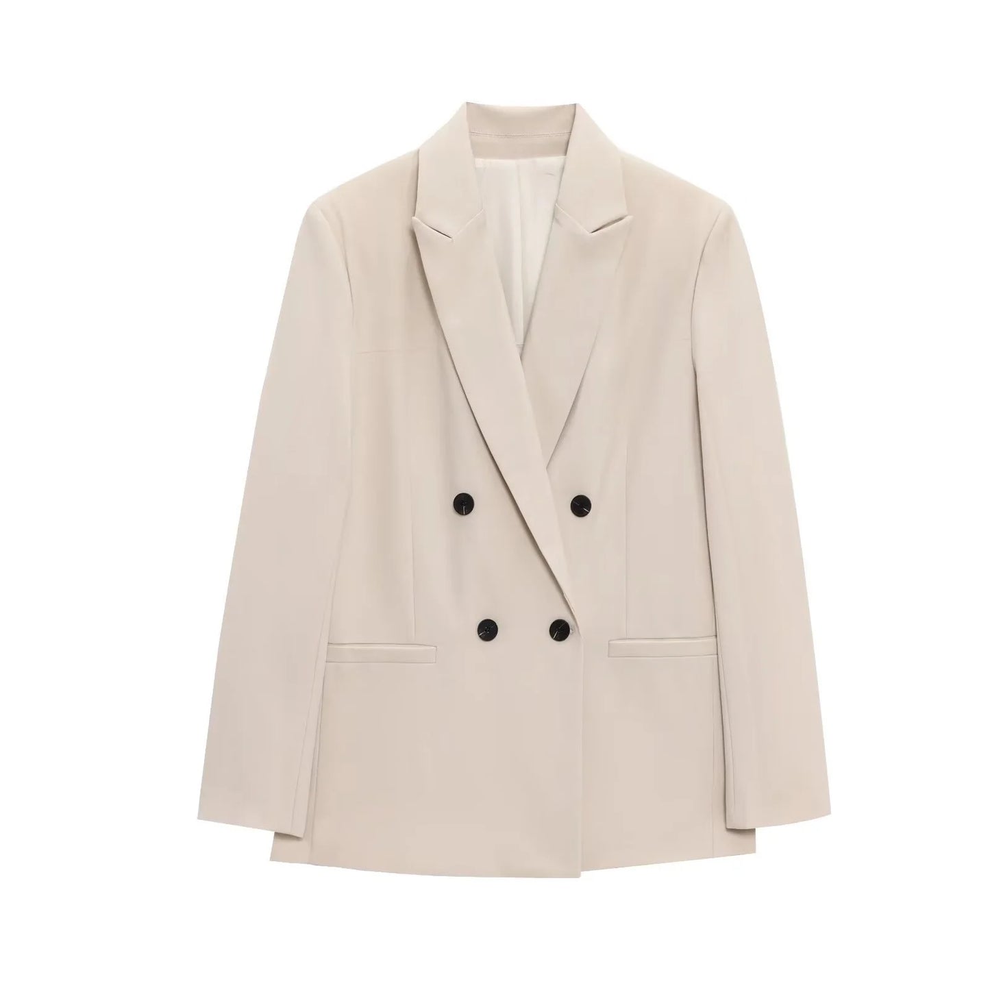 Blazer feminino 2025 com lapela, mangas longas e ombreiras, modelo de paletó double-breasted (com dois botões na frente), jaqueta para o dia a dia, soltinha e versátil.