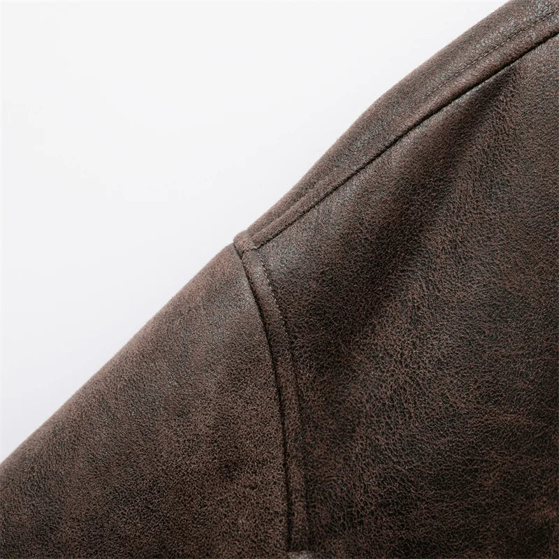 Jaqueta feminina grossa 2025, estilo vintage, em couro, com lapela, abotoamento simples, bolsos e estilo street, jaqueta quente.