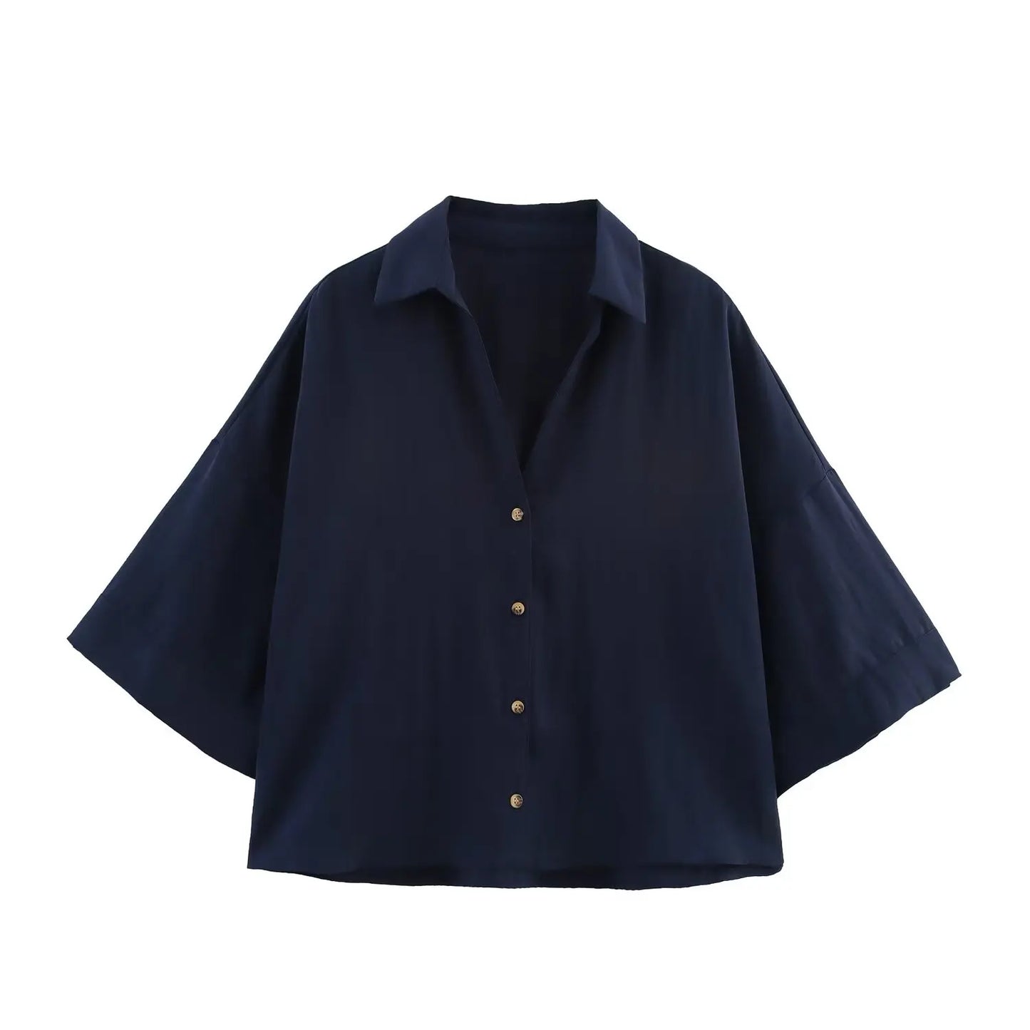 Camisa feminina BSK&amp;TRAF Verão 2025, com lapela, mangas curtas amplas e modelagem solta, estilo casual e elegante.