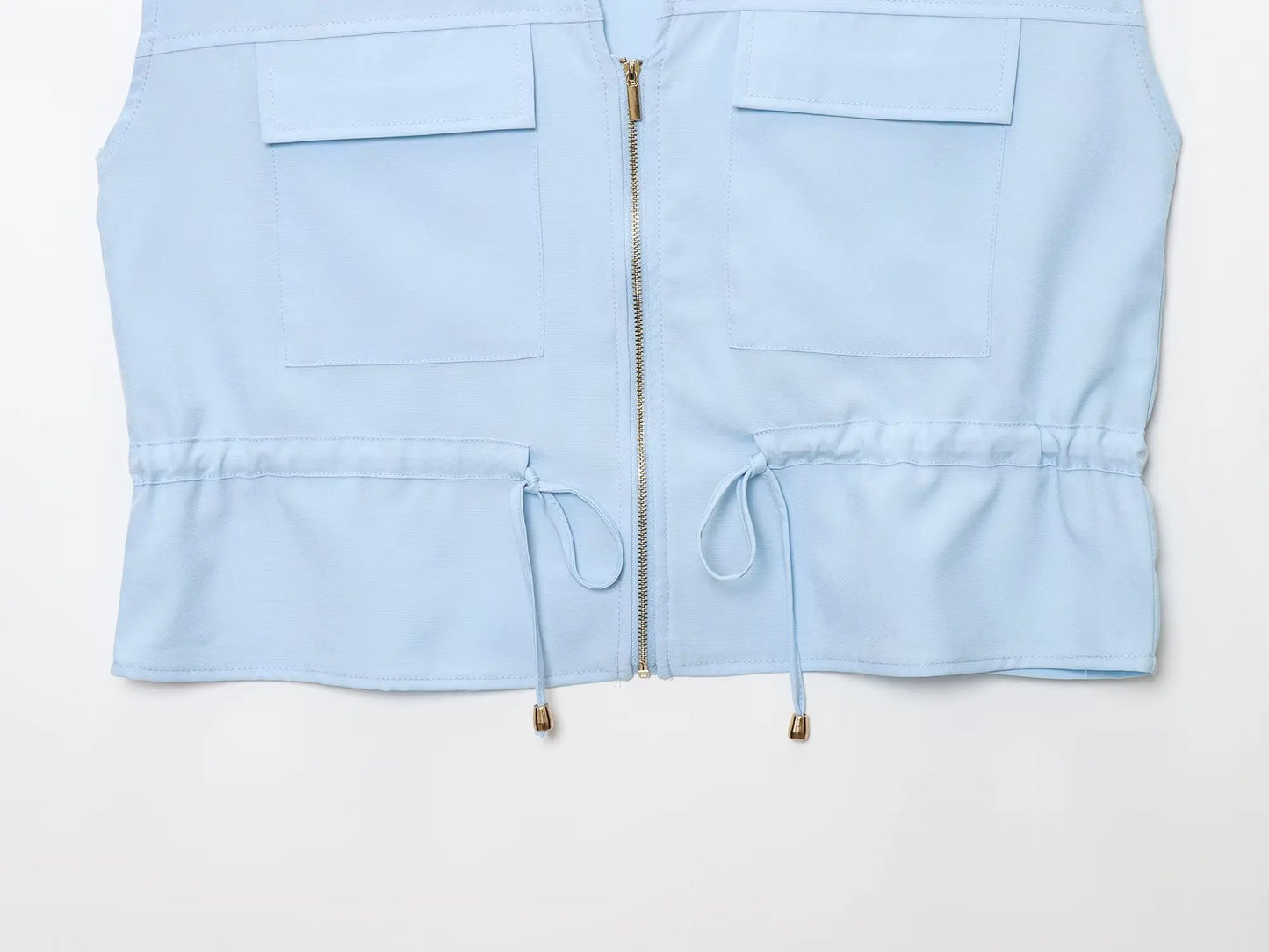 Conjunto BSK&amp;TRAF – Novidades Verão 2025: Top feminino sem mangas estilo safari, com lapela e caimento confortável + calça casual de perna larga e cintura alta.