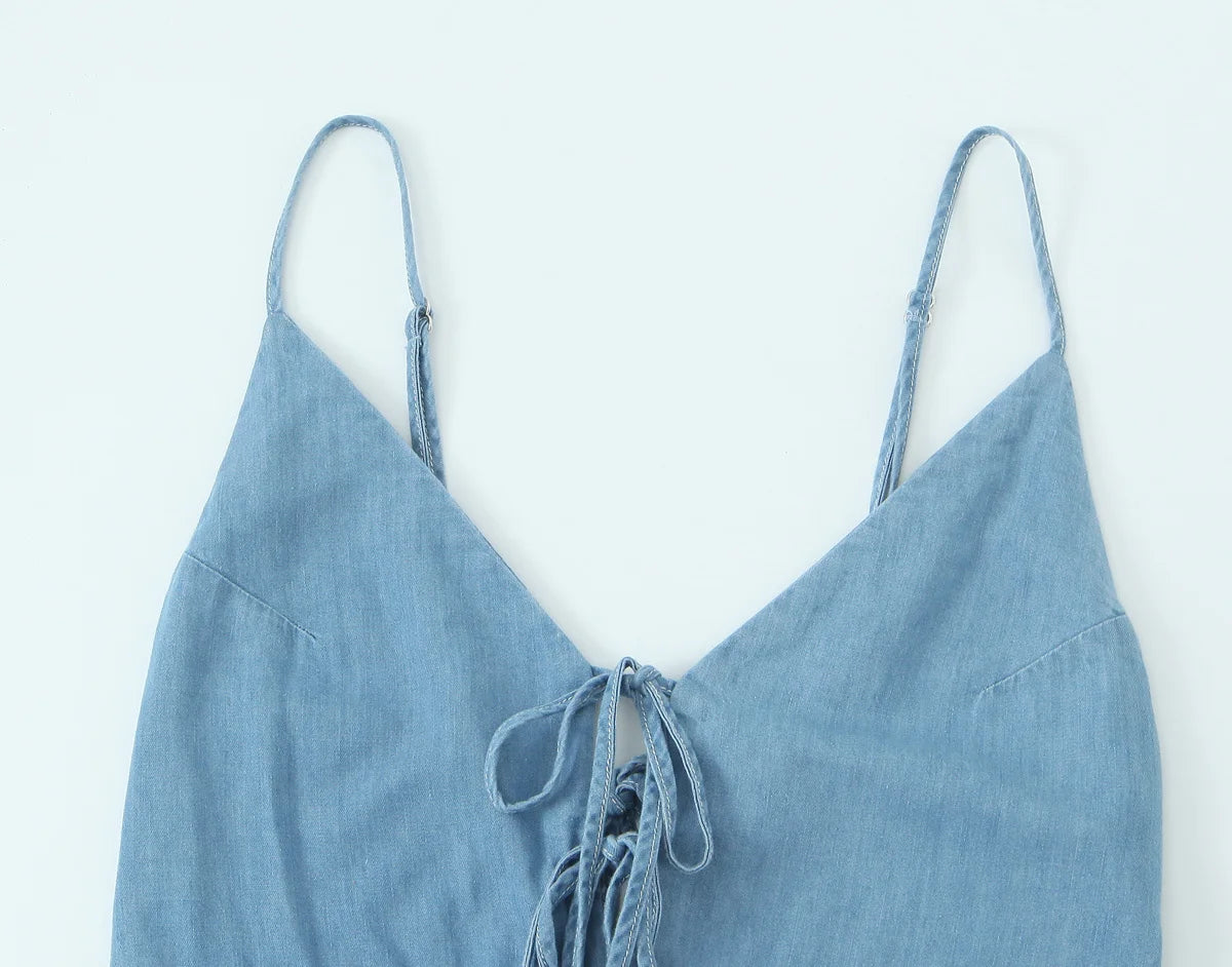 Vestido midi feminino 2025, estilo retrô de férias, com laço, modelagem solta e alças finas (suspender)