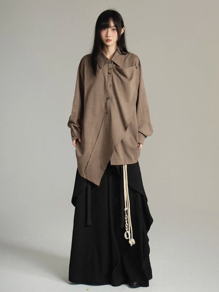 Camisa Feminina Cinza, Estilo Lenço Irregular, Gola Lapela,