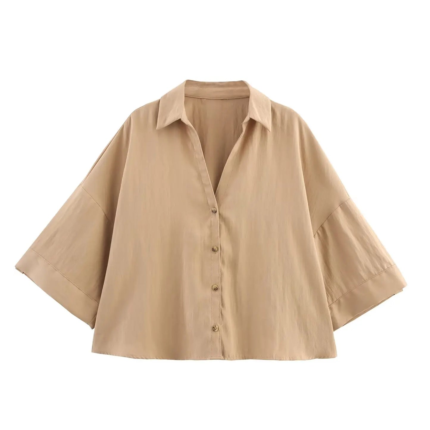 Camisa feminina BSK&amp;TRAF Verão 2025, com lapela, mangas curtas amplas e modelagem solta, estilo casual e elegante.