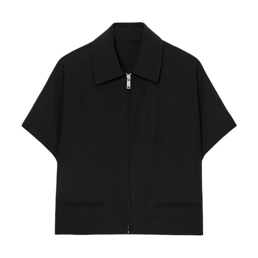 Camiseta feminina curta de verão 2025, lisa, simples e casual, com lapela e manga curta.