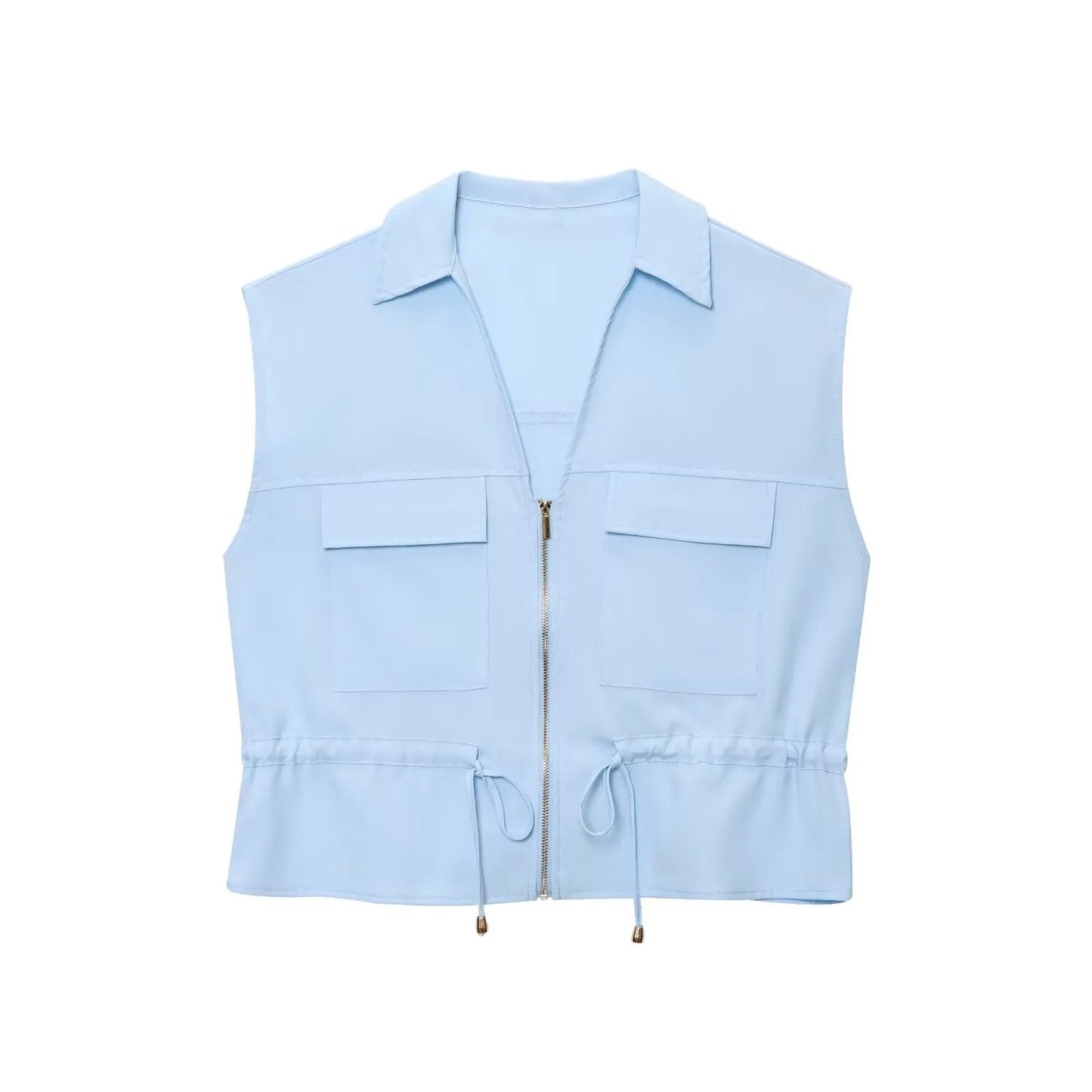 Conjunto BSK&amp;TRAF – Novidades Verão 2025: Top feminino sem mangas estilo safari, com lapela e caimento confortável + calça casual de perna larga e cintura alta.