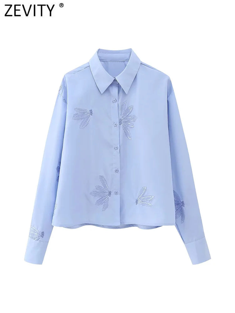 Blusa feminina fashion com bordado de flores em paetê, modelo curto estilo smock, manga longa, camisa cropped elegante para escritório
