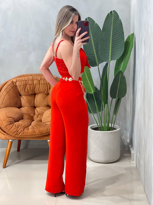 Conjunto em Alfaiataria Calça Pantalona e Cropped Bianca